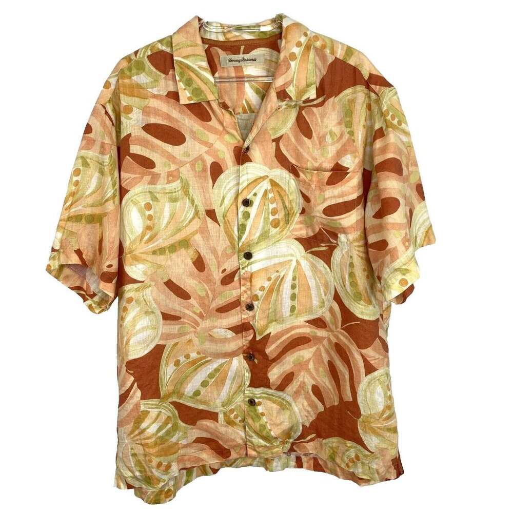 Tommy Bahama Shirt Mens Size Large 100% Linen Floral Aloha Hawaii Beach Camp